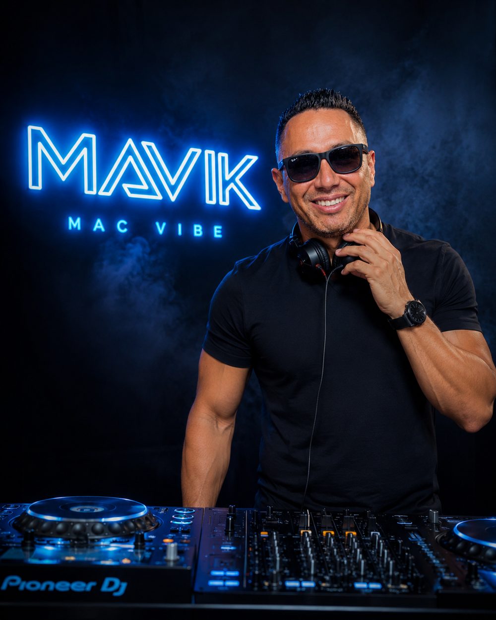 Mike Macalinao in a black tee and sunglasses at the decks, neon MAVIK MAC VIBE sign glowing behind him.