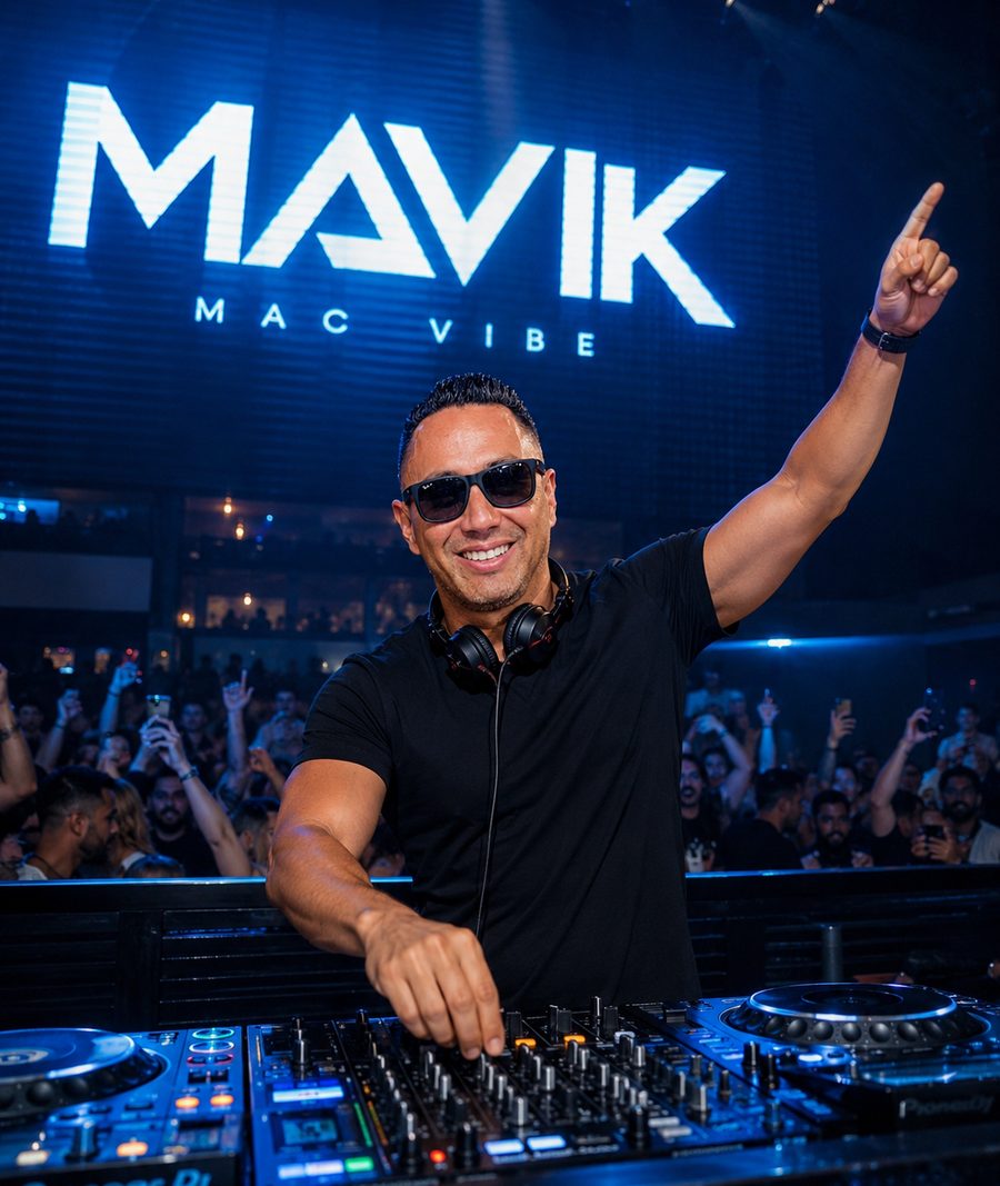DJ Mavik with one arm raised behind the decks in a packed club, giant MAVIK MAC VIBE screen above.