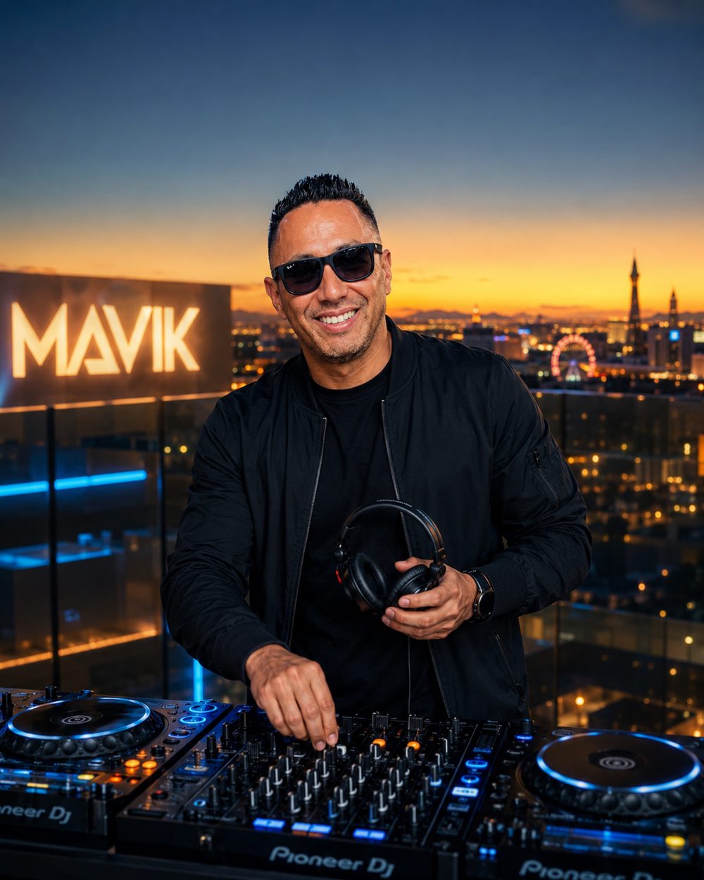 DJ Mavik at the decks on a rooftop overlooking the Las Vegas Strip at dusk, gold MAVIK sign behind him.
