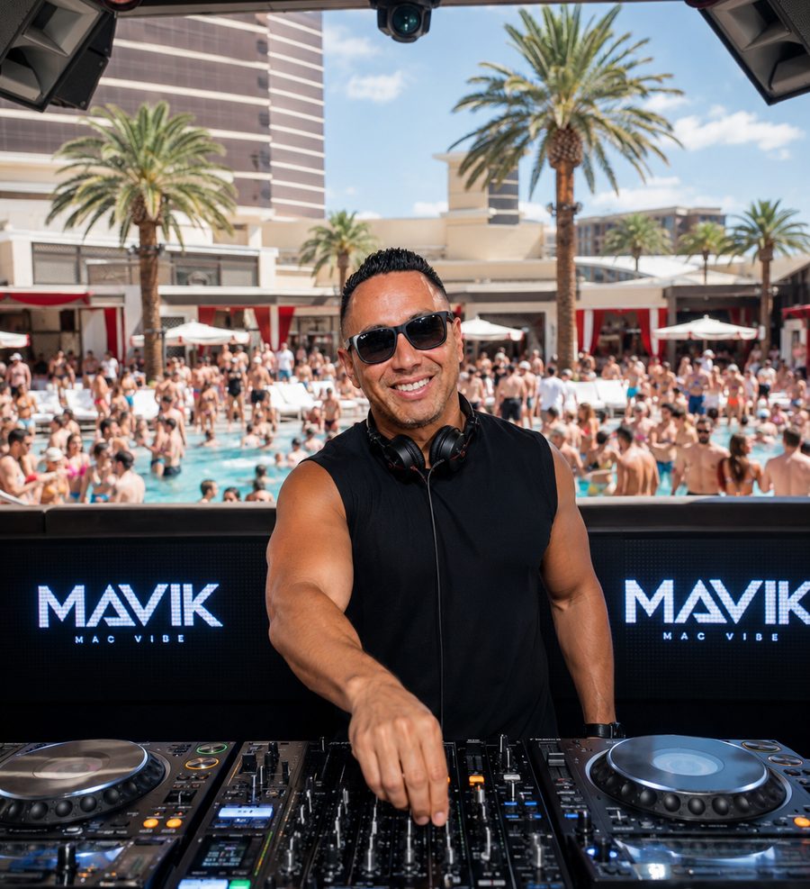 DJ Mavik mixing at a daytime pool party booth flanked by two MAVIK MAC VIBE screens, palm trees behind.
